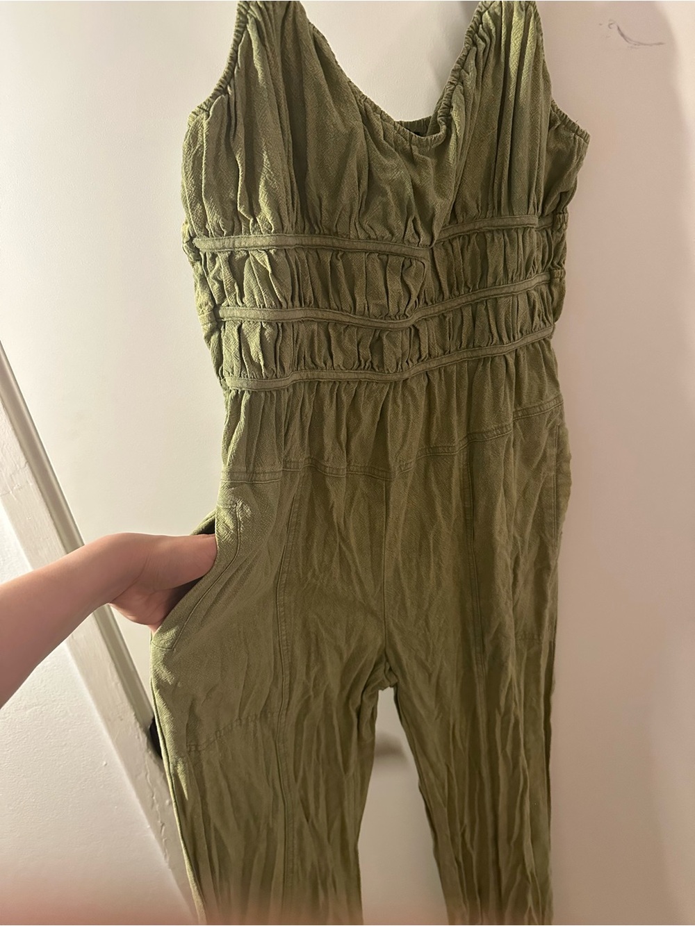 Fate Olive Green Ruched Jumpsuit